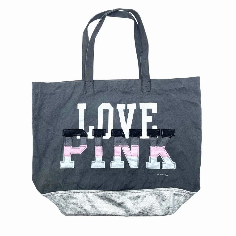 PINK Victoria's Secret Logo Tote Gray Patch Letters Y2K Style Book‎ Bag/Travel